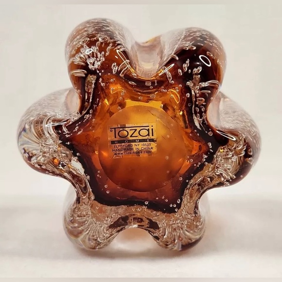 Tozai Amber Ruffled Bubble Glass Vase Hand Blown Candle Holder Murano Style - Picture 4 of 4
